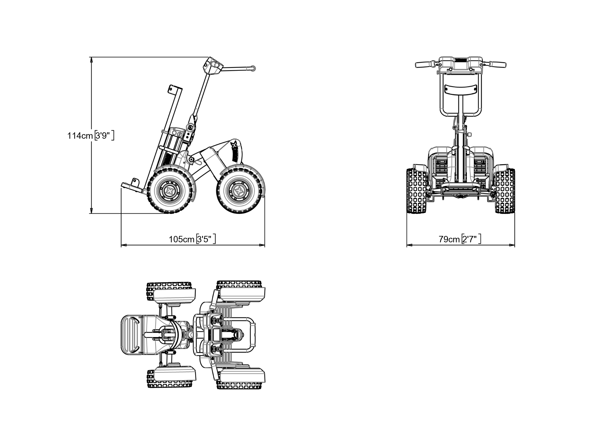 Technical drawing of a four-wheeled electric mobility scooter shown in side, front, and top views with dimensions of 114 cm high, 105 cm long, and 79 cm wide.