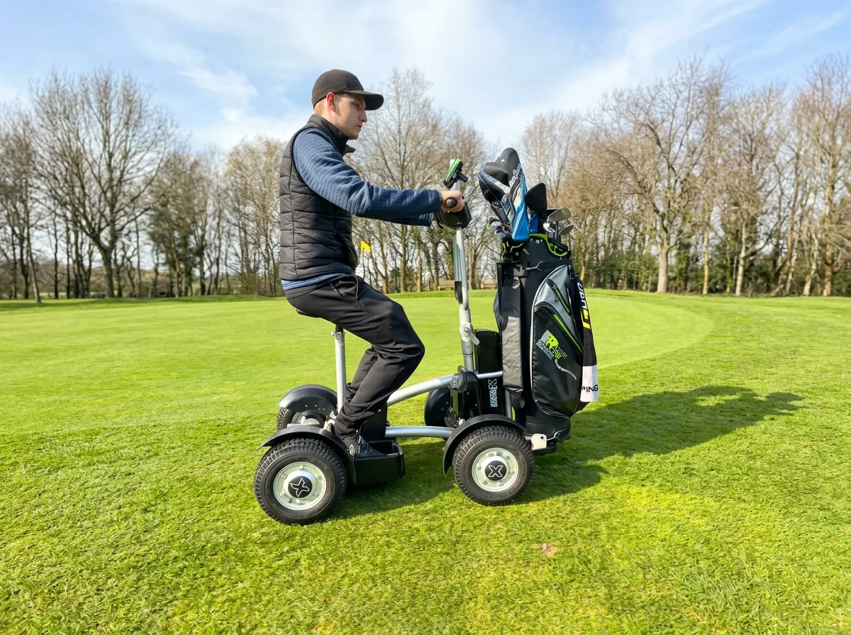 Man riding a four-wheel golf scooter with a golf bag on a sunny course