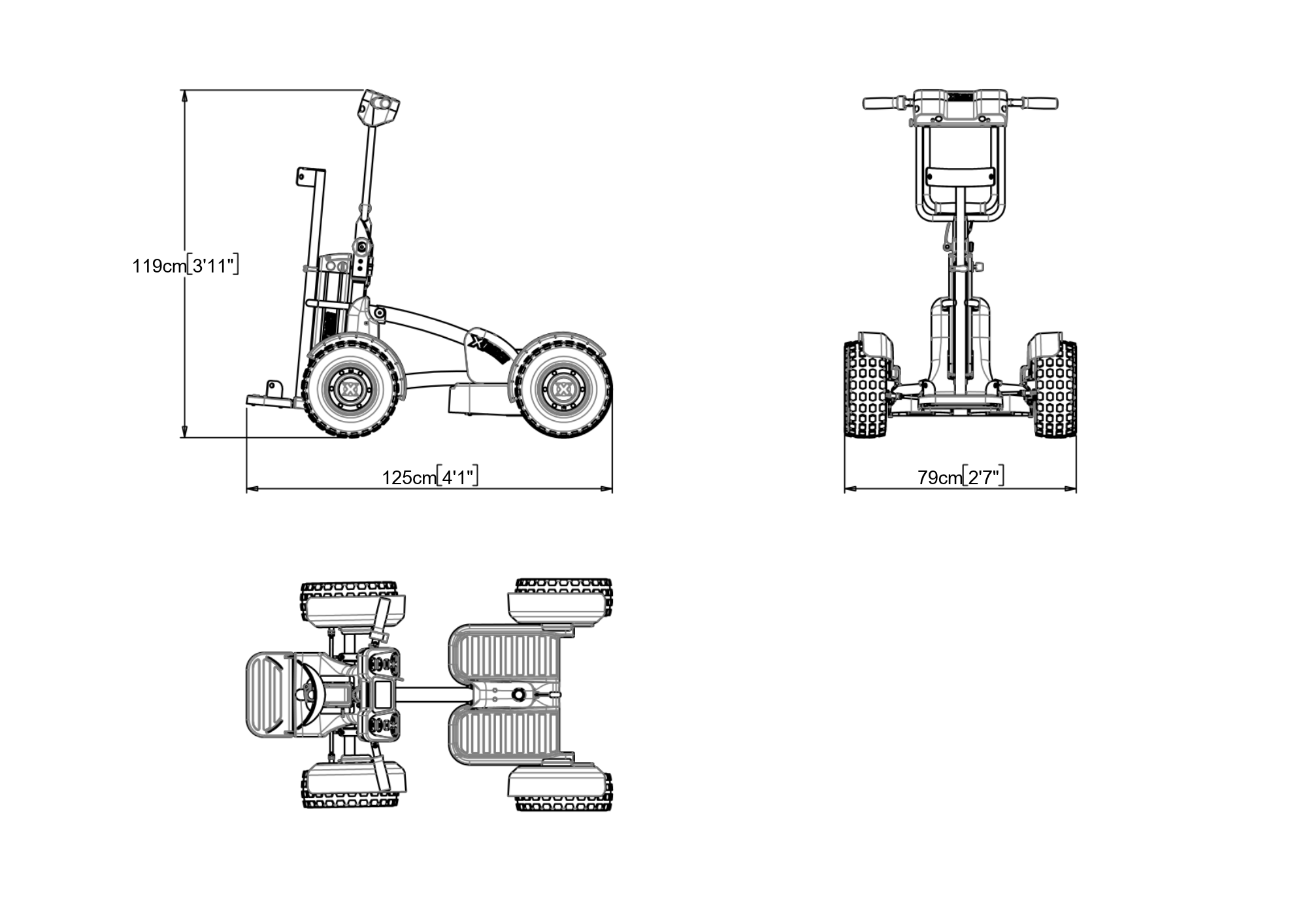 Technical dimension drawing of a four-wheel mobility scooter from side, front, and top views, showing measurements of 125 cm long, 79 cm wide, and 119 cm high.