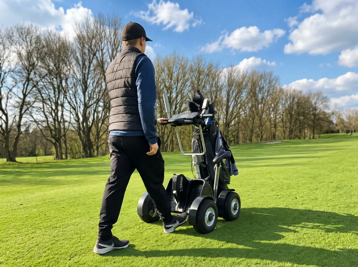 Man walking with a four-wheel xtrider electric golf cart carrying a golf bag on a sunny course