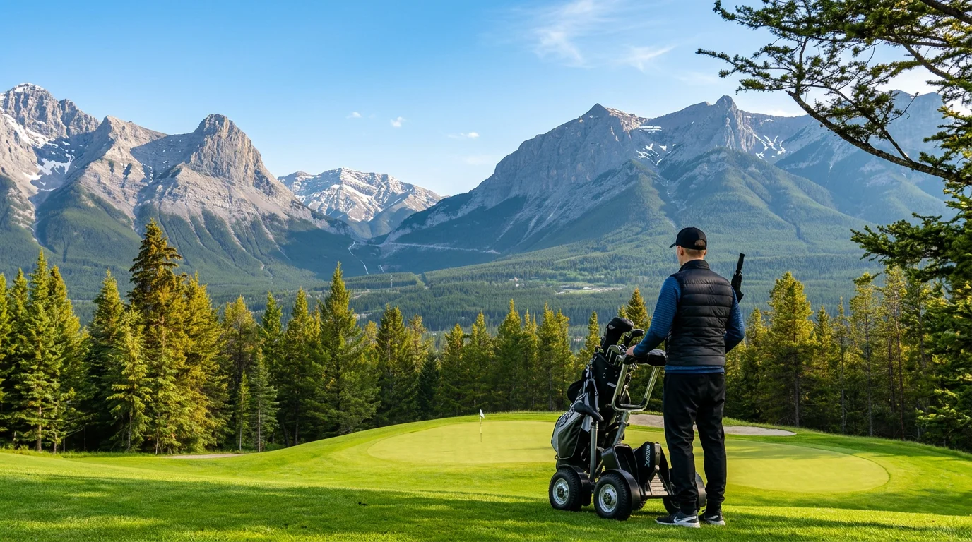 Golfer with a golf push cart on a mountain golf course surrounded by pine trees and rugged snow-capped peaks