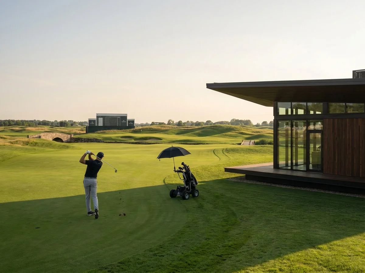 Golfer practicing on a sunlit golf course beside a golf bag cart and modern clubhouse