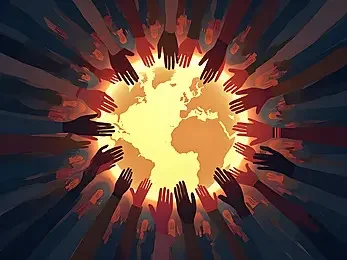 Illustration of diverse hands reaching inward around a glowing golden Earth.