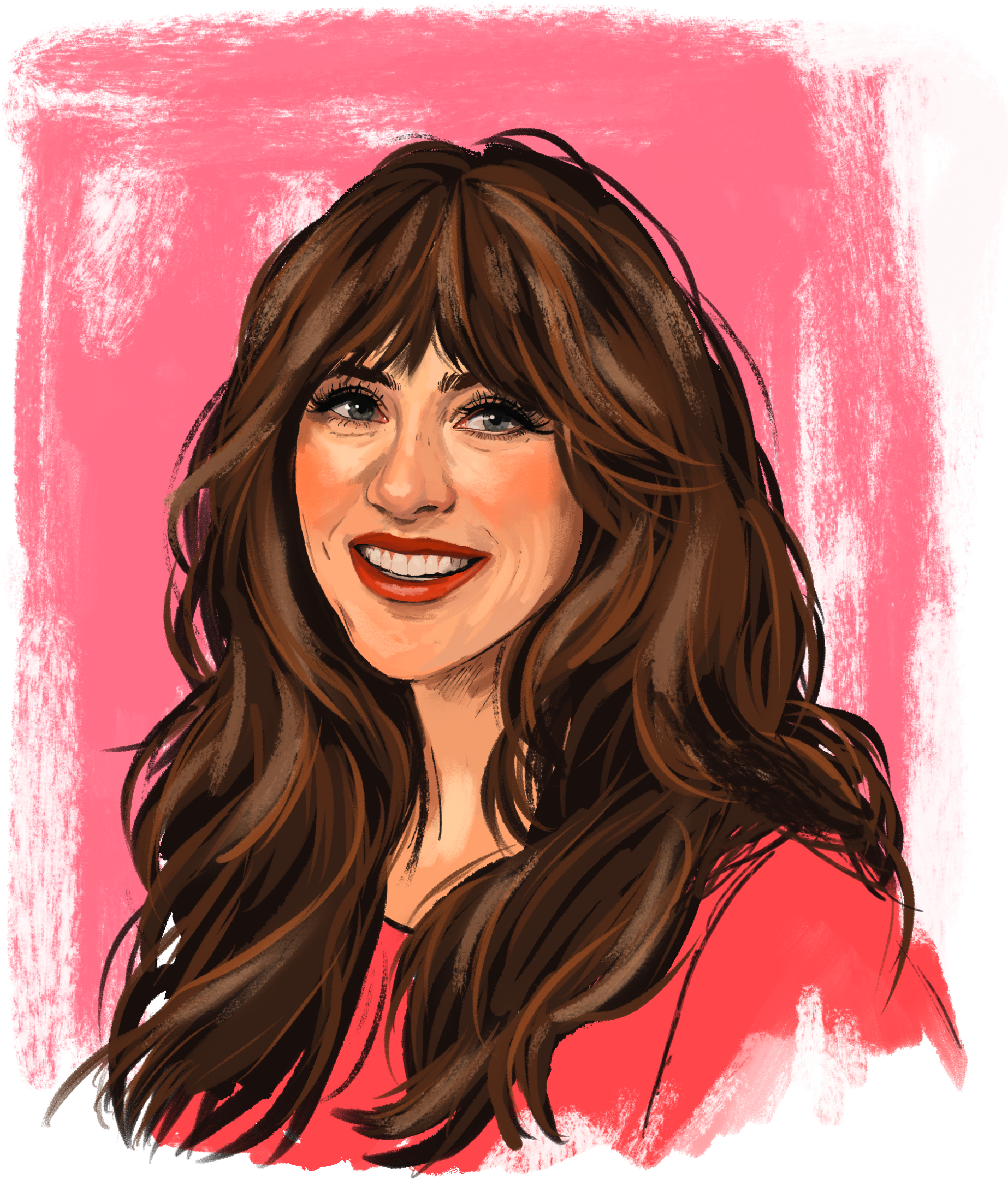 Close-up illustration of a smiling woman with long wavy brown hair and blue eyes, set against a pink background.
