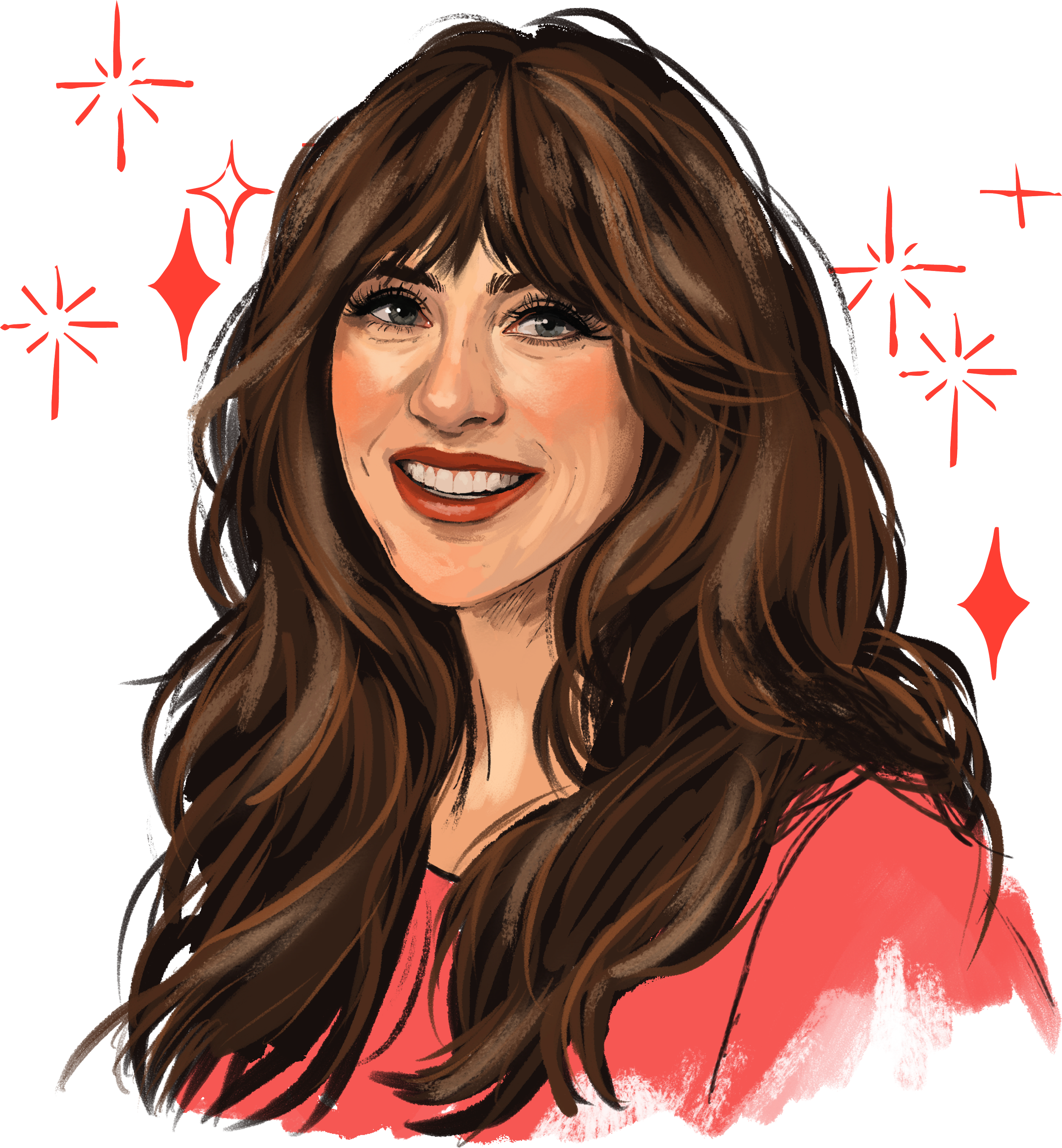 Illustration of a woman with long brown hair, smiling, wearing a red top, surrounded by stylized sparkling stars.