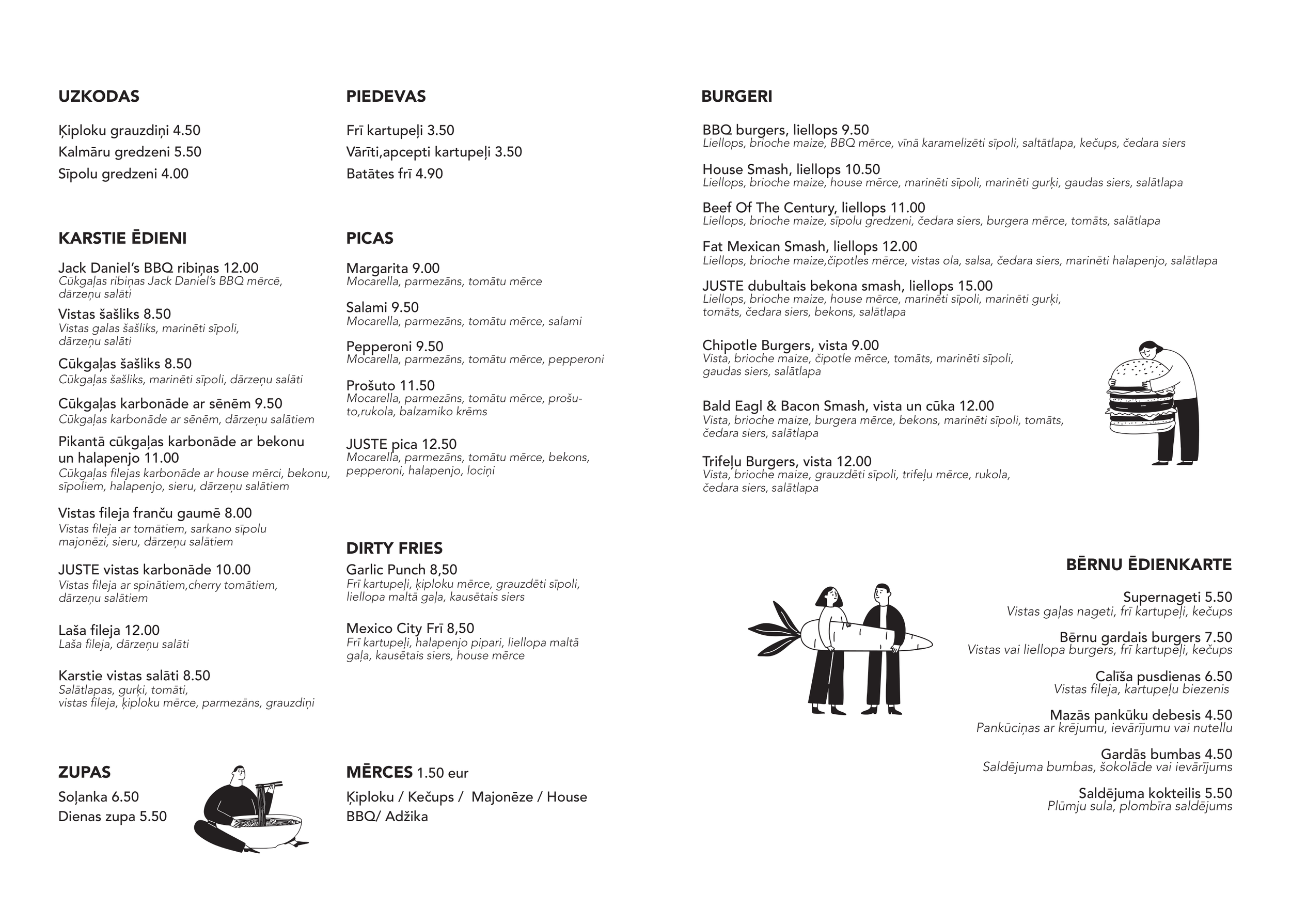 A restaurant menu featuring sections for starters, soups, snacks, sandwiches, burgers, children's meals, and desserts, with illustrations of people and food items.