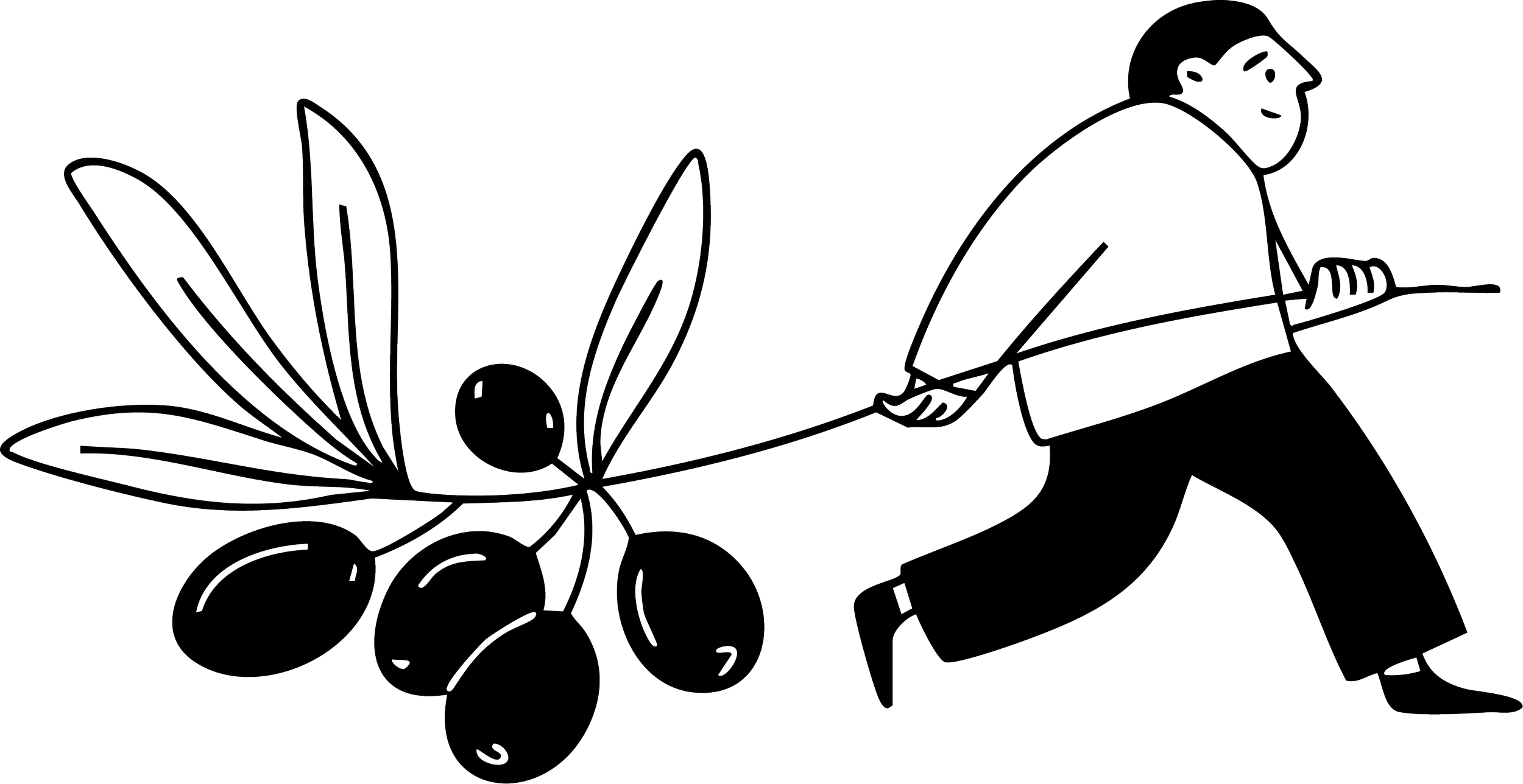 A line drawing of a person with a butterfly on their back, holding a leash attached to the butterfly, with blueberries nearby.