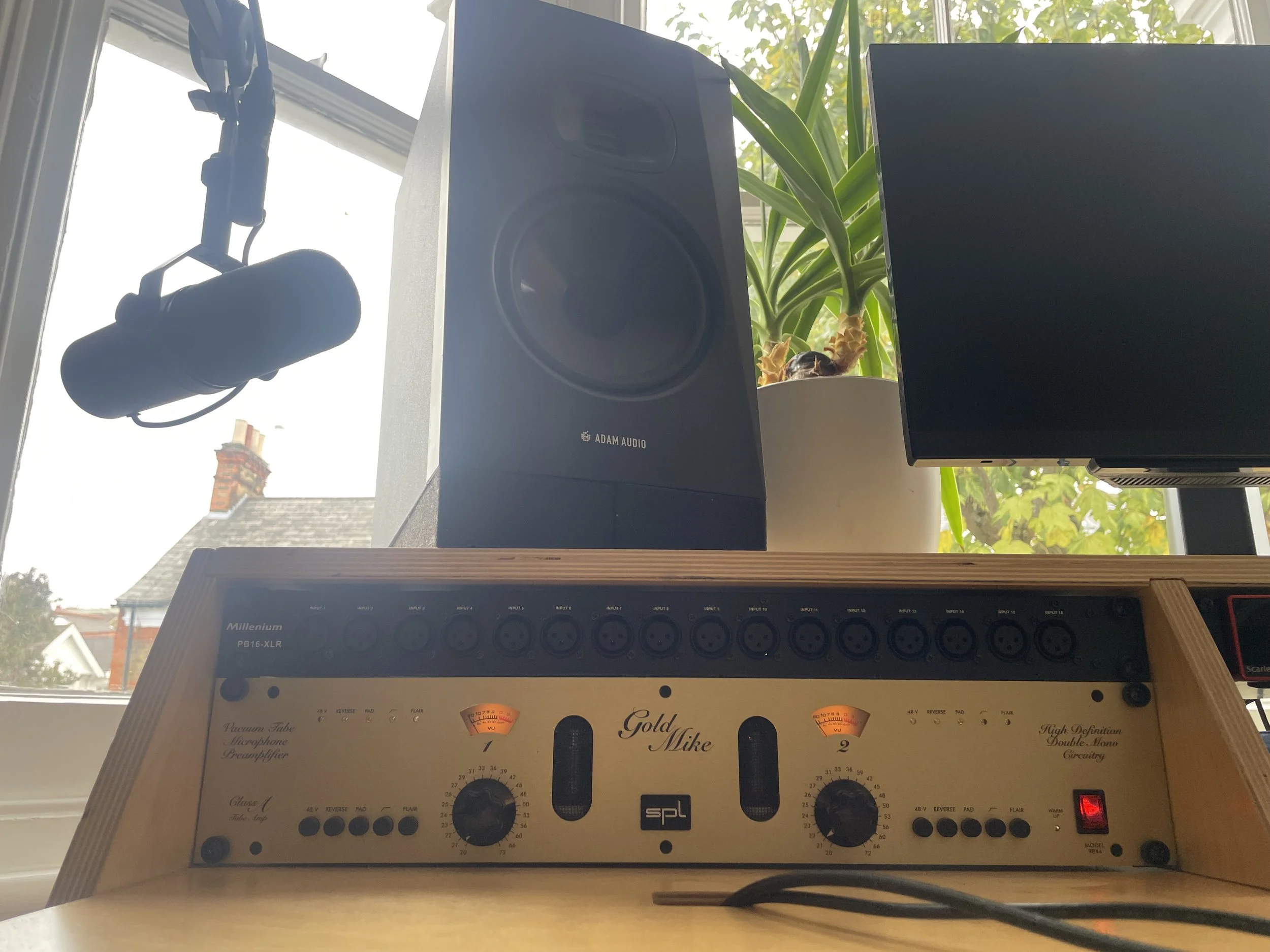 A computer desk setup with a black monitor, a black speaker with the brand 'Adam Audio,' and a Gold Mike audio compressor. A potted plant is visible in the background outside the window, and a microphone hangs from an arm near the window.