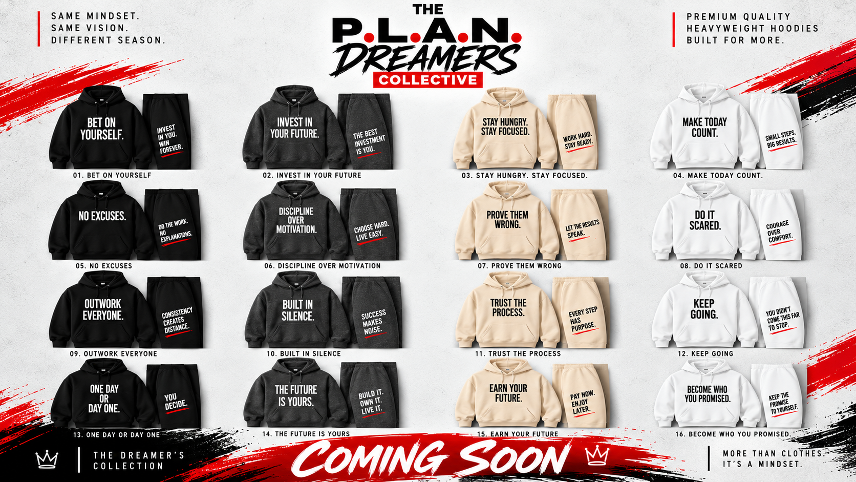 Collection of hoodies and sweatshirts with motivational quotes, organized in a grid, featuring slogans like 'Bet on Yourself,' 'Invest in Your Future,' and 'Stay Hungry. Stay Focused.'