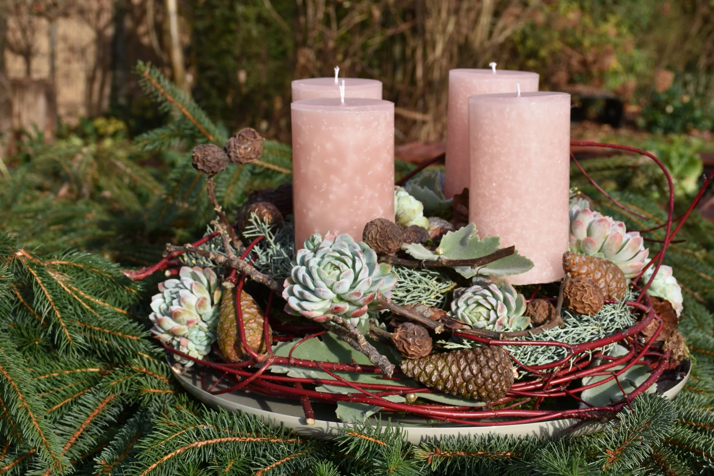 Adventskranz mit vier Kerzen, Tannenzweigen, Eicheln und Beeren auf einem Weihnachtsbaumast