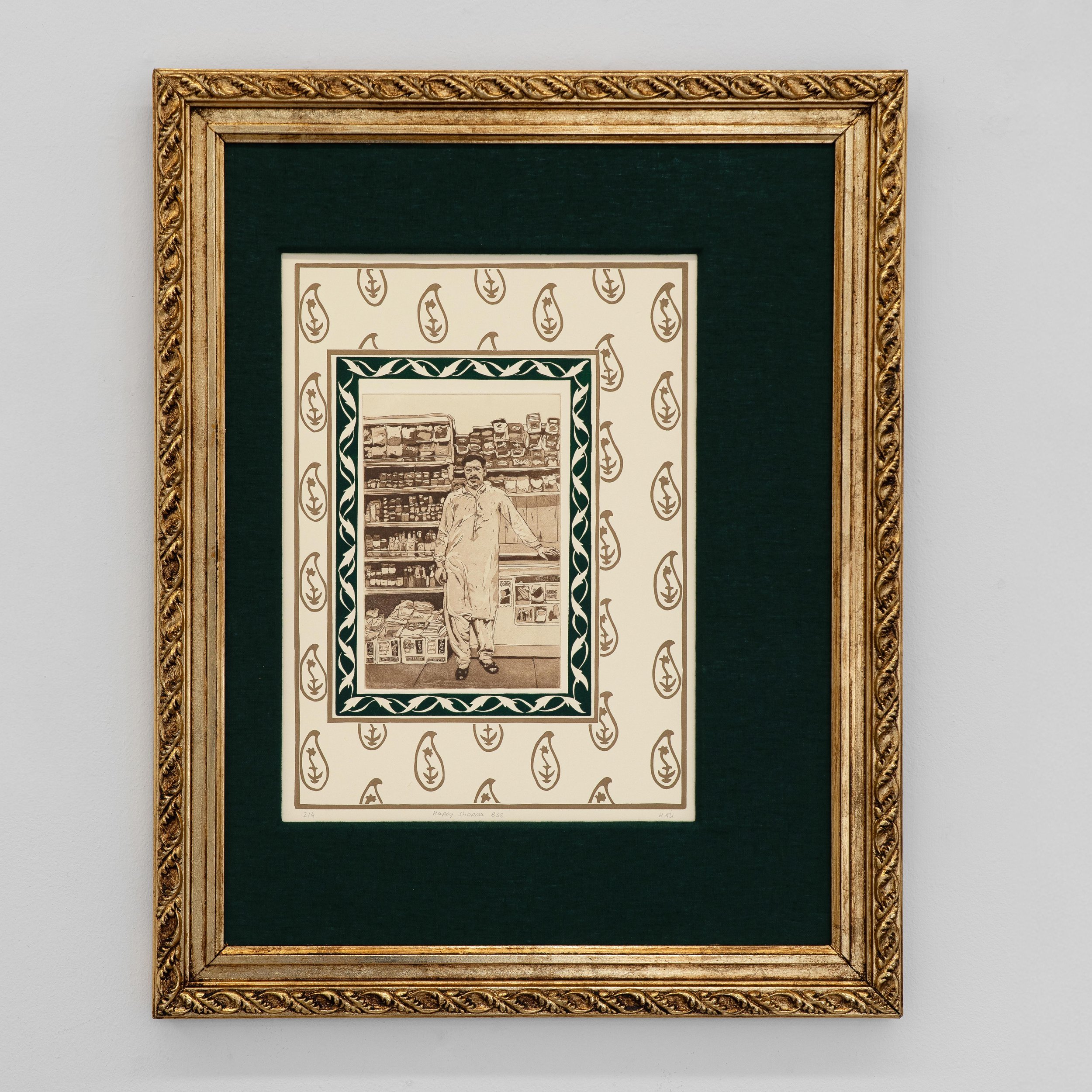 Haseebah Ali | Happy Shoppa B38 | 2026 
Hardground etching and  aquatint with relief print, linen in antique frame | edition 2 of 4 | 68 x 54 cm | 26.8 x 21.3 in [framed]