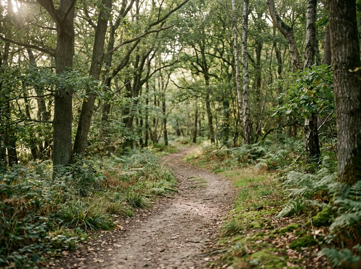 A dirt trail winds through a lush green forest with tall trees and dense foliage, sunlight filtering through the canopy.