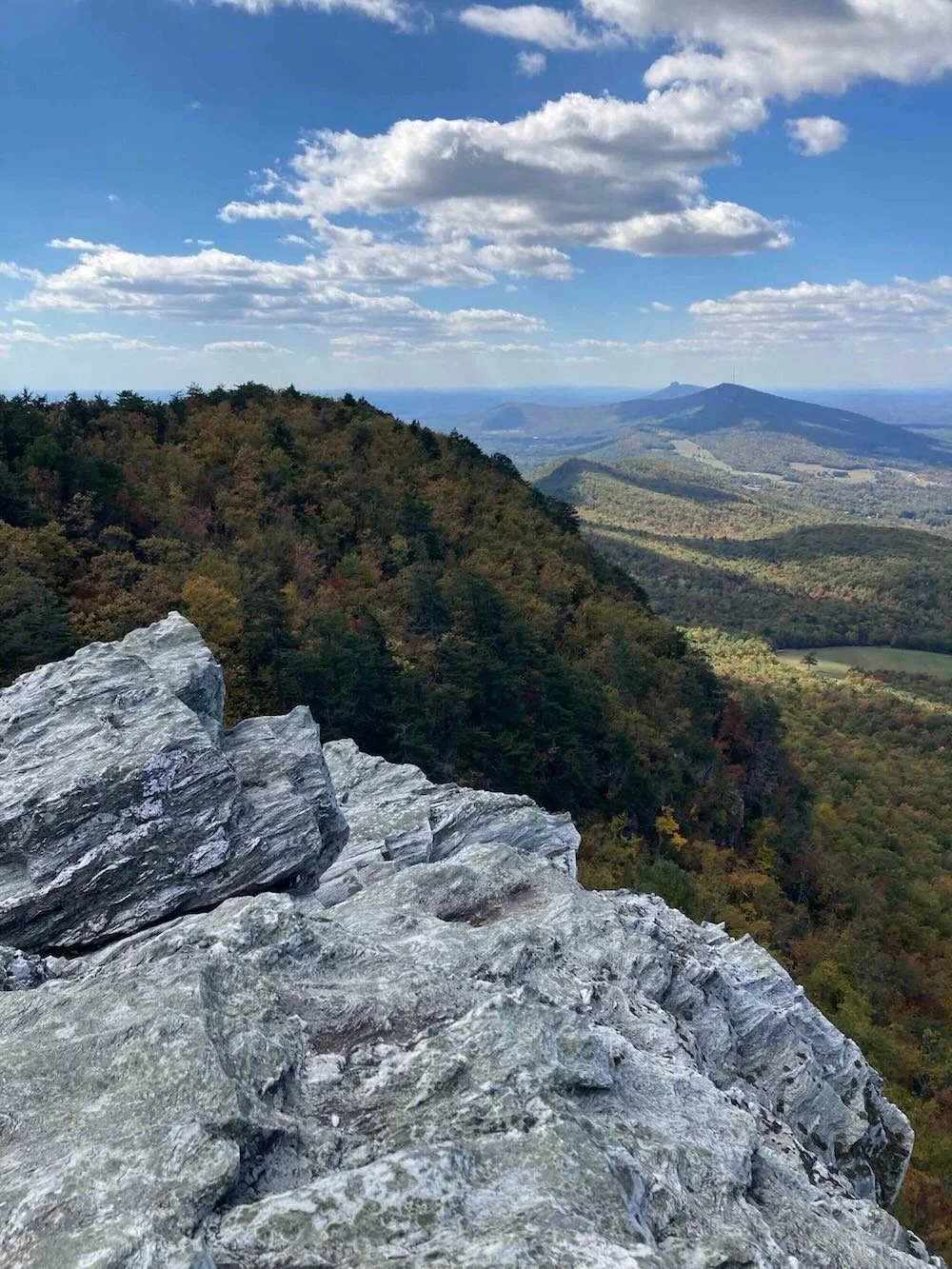 Rocky ledge overlooking a valley with rolling hills, forested areas, and a mountain in the distance under a partly cloudy sky.