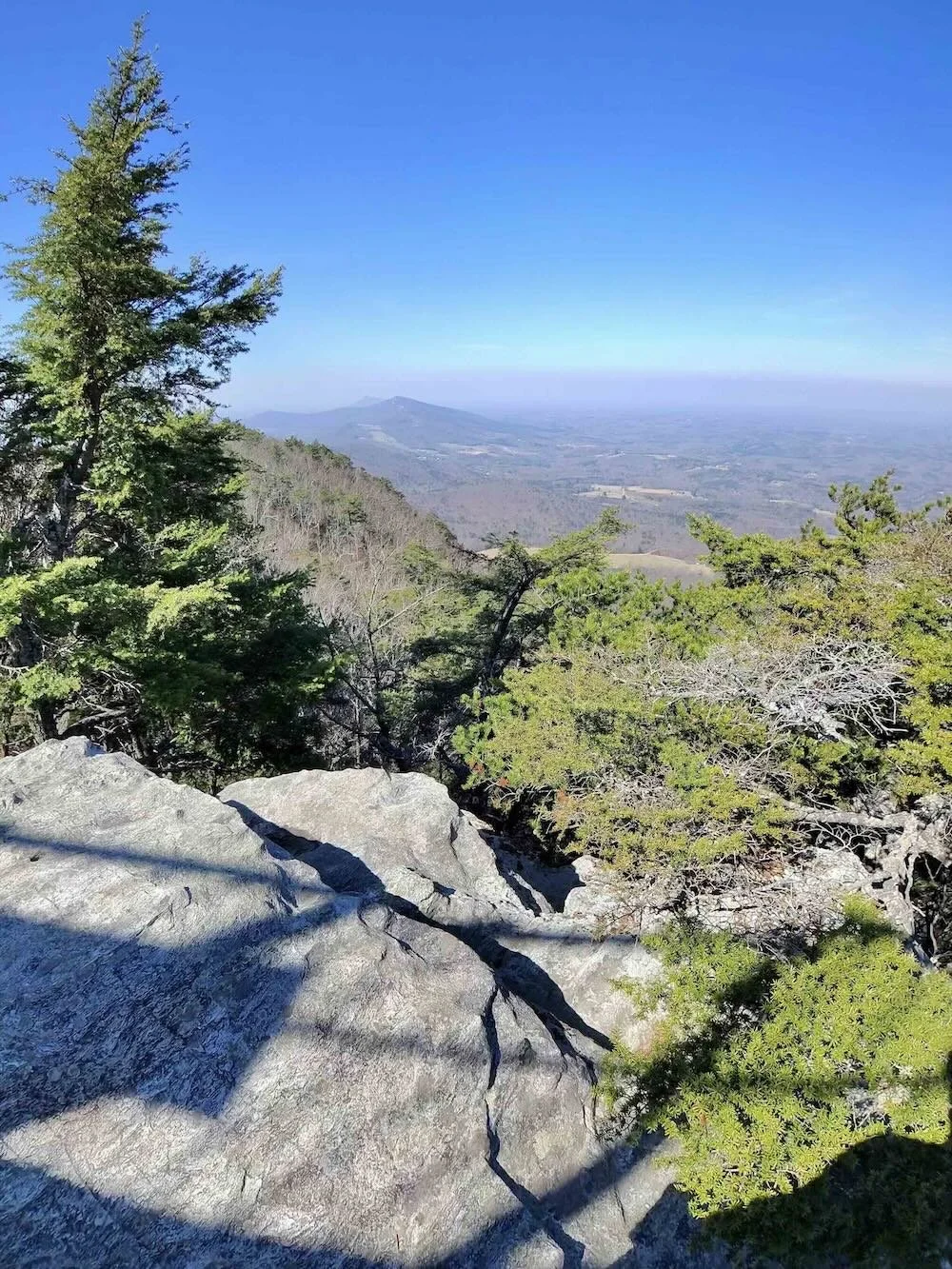 A scenic view from a mountain or hilltop with rocky foreground and green trees, overlooking a vast landscape with distant hills and a clear blue sky.