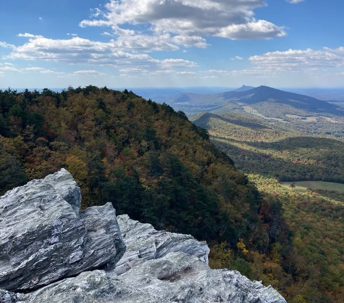 Scenic view from a mountain with rocky foreground, forested slopes, and a distant mountain range under a partly cloudy sky.
