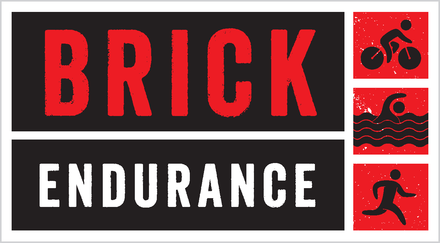 A graphic design with the words 'BRICK' in red, 'ENDURANCE' in white, along with icons of a cyclist, swimmer, and runner in black on a red background.