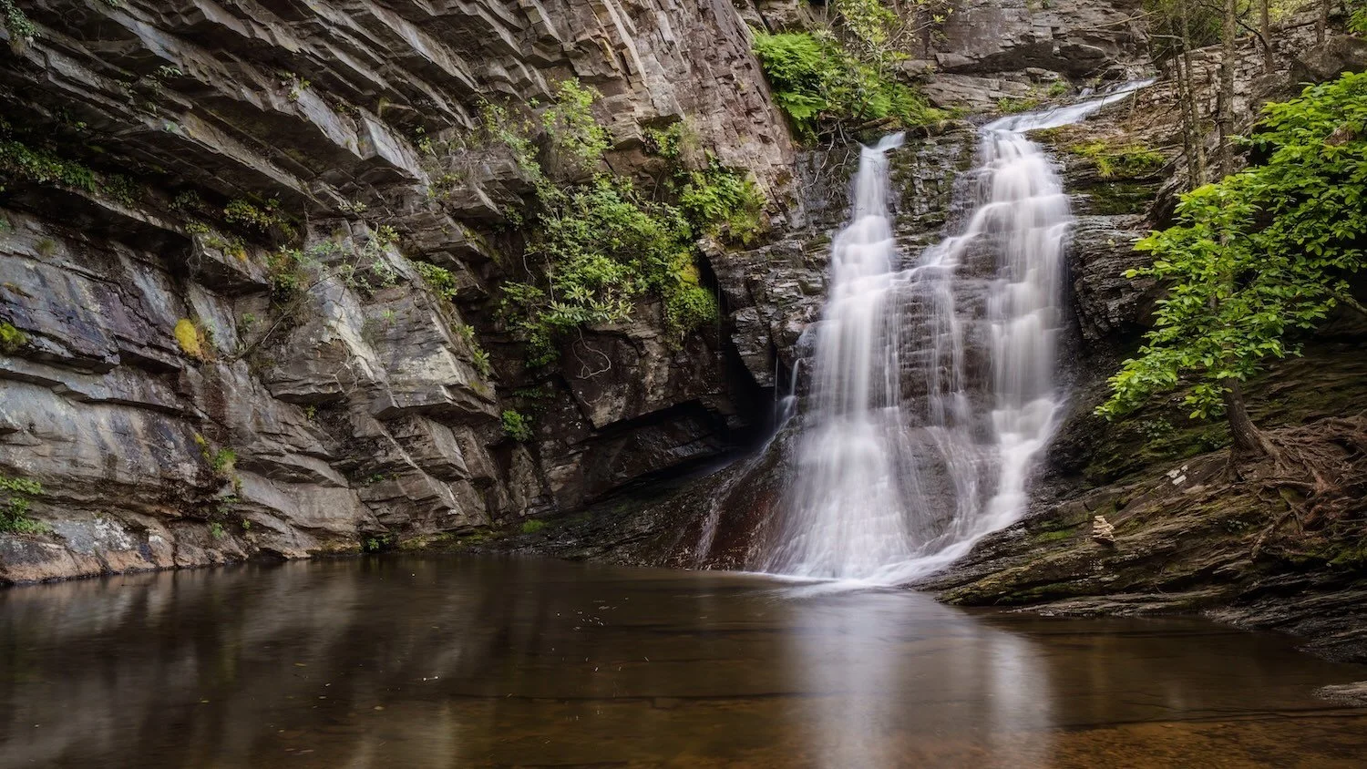 A waterfall cascading down rocks into a pool below, surrounded by green foliage.