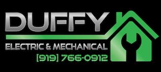 Logo for Duffy Electric & Mechanical featuring the company name, a house icon with a wrench, and contact number.