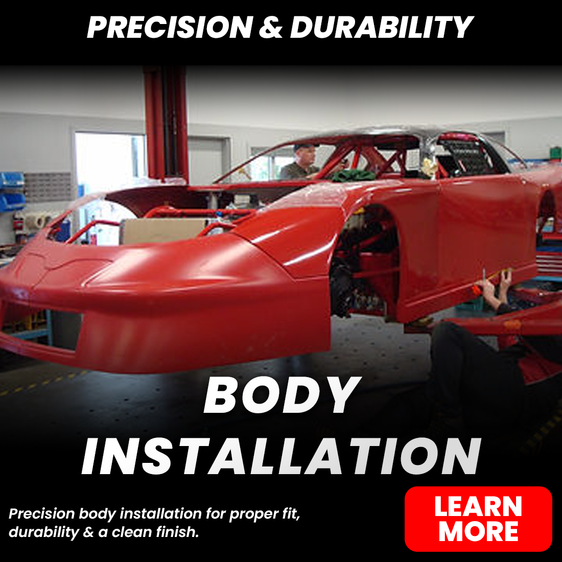 Red race car body being professionally installed in a workshop, with text promoting precision and durability.