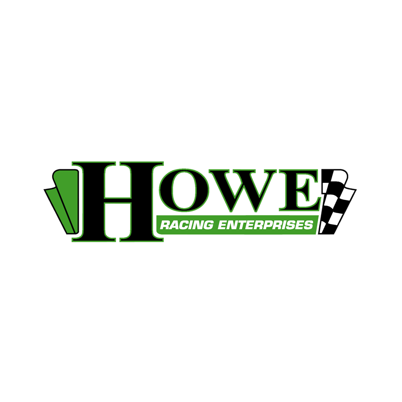 Howe Racing Enterprises logo with green and black lettering, stylized flag, and checkered racing flag