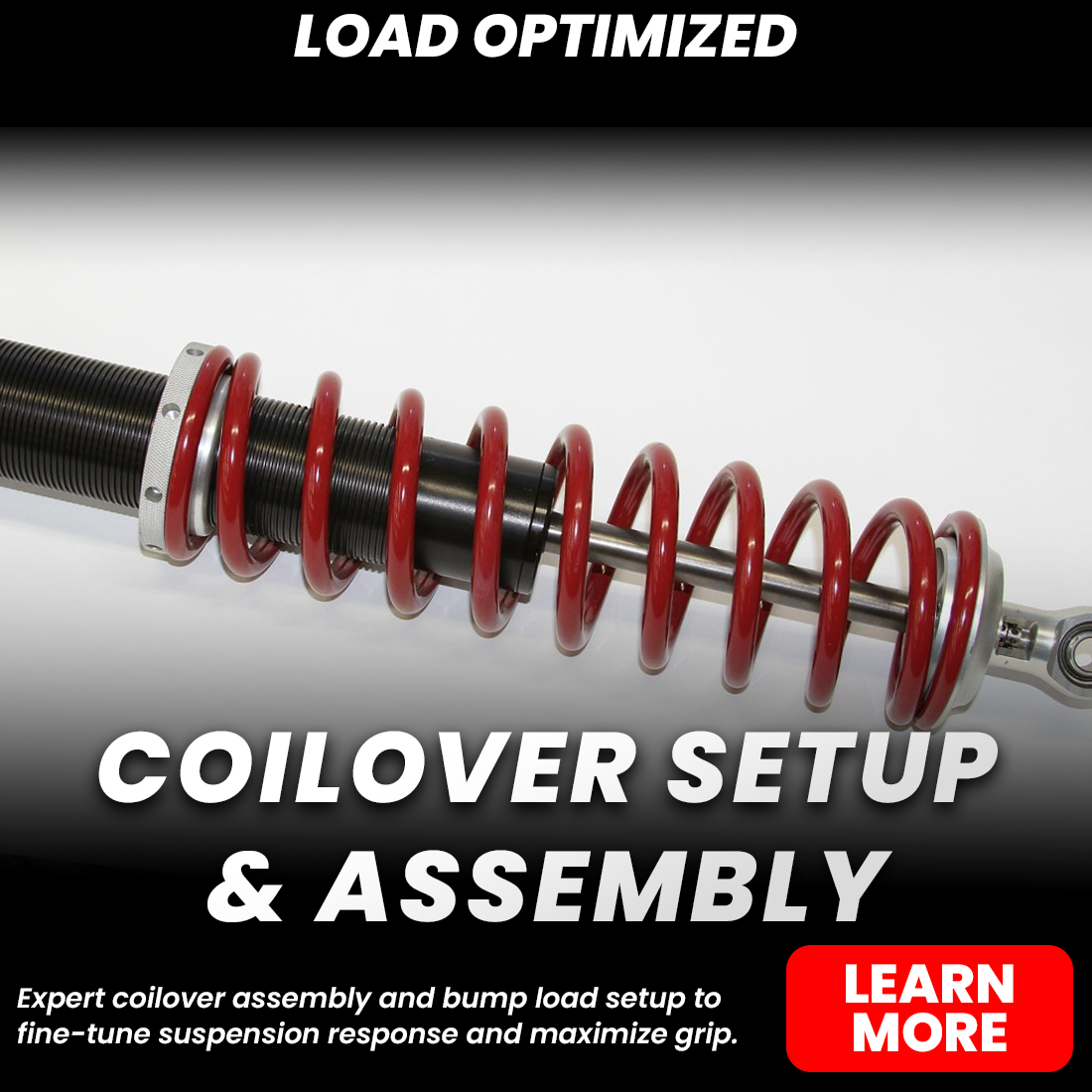 Close-up of a red coilover suspension component with text promoting optimized coilover setup and assembly.