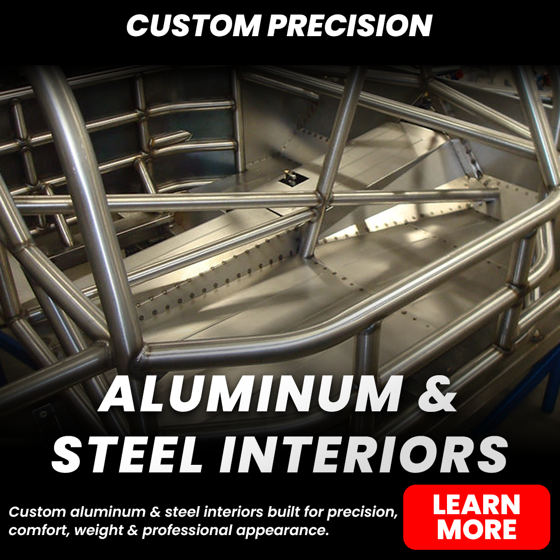 Custom aluminum and steel vehicle interior with polished tubular roll cage and riveted panels