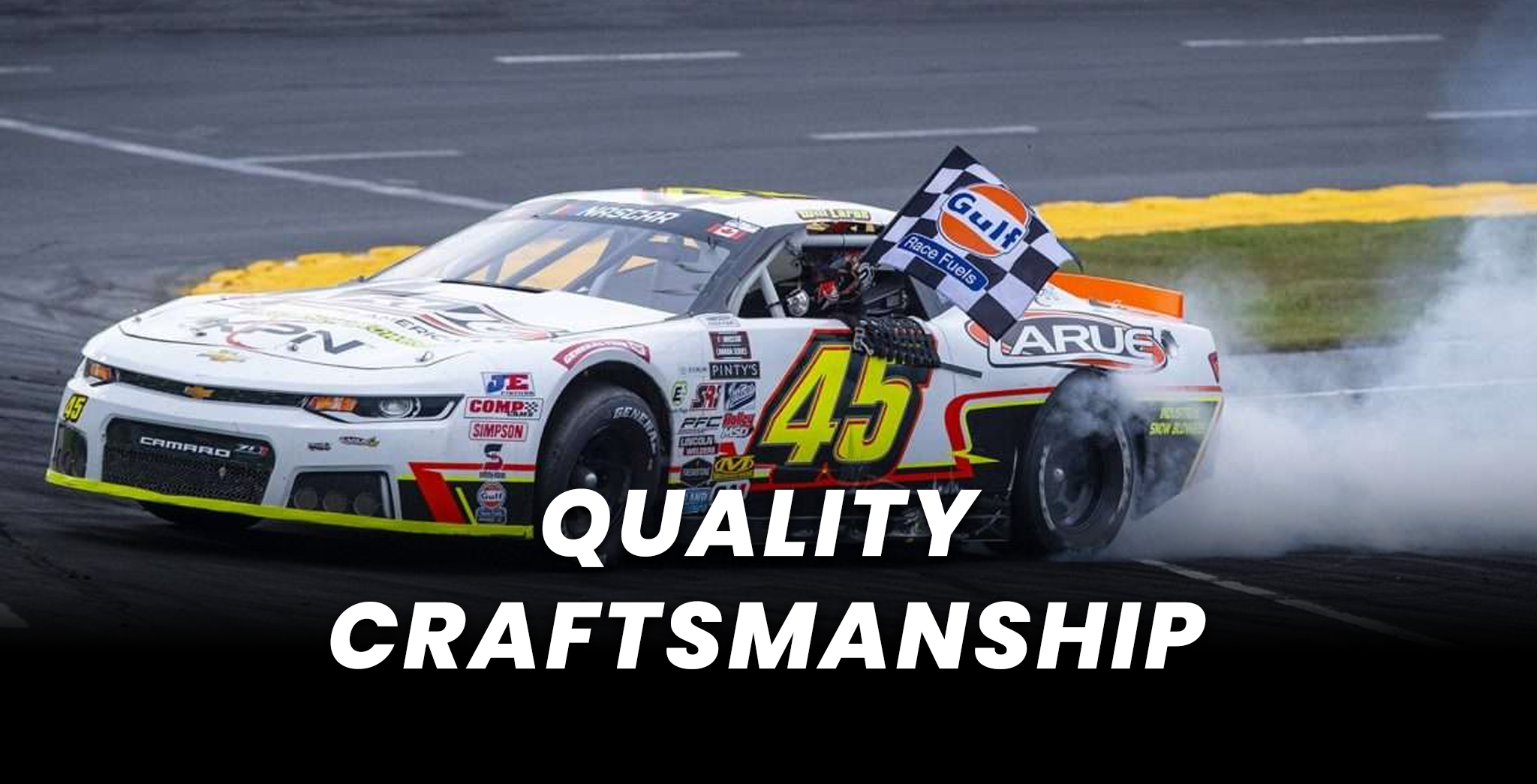 White No. 45 Chevrolet Camaro race car drifting on a track with a checkered Gulf flag and tire smoke
