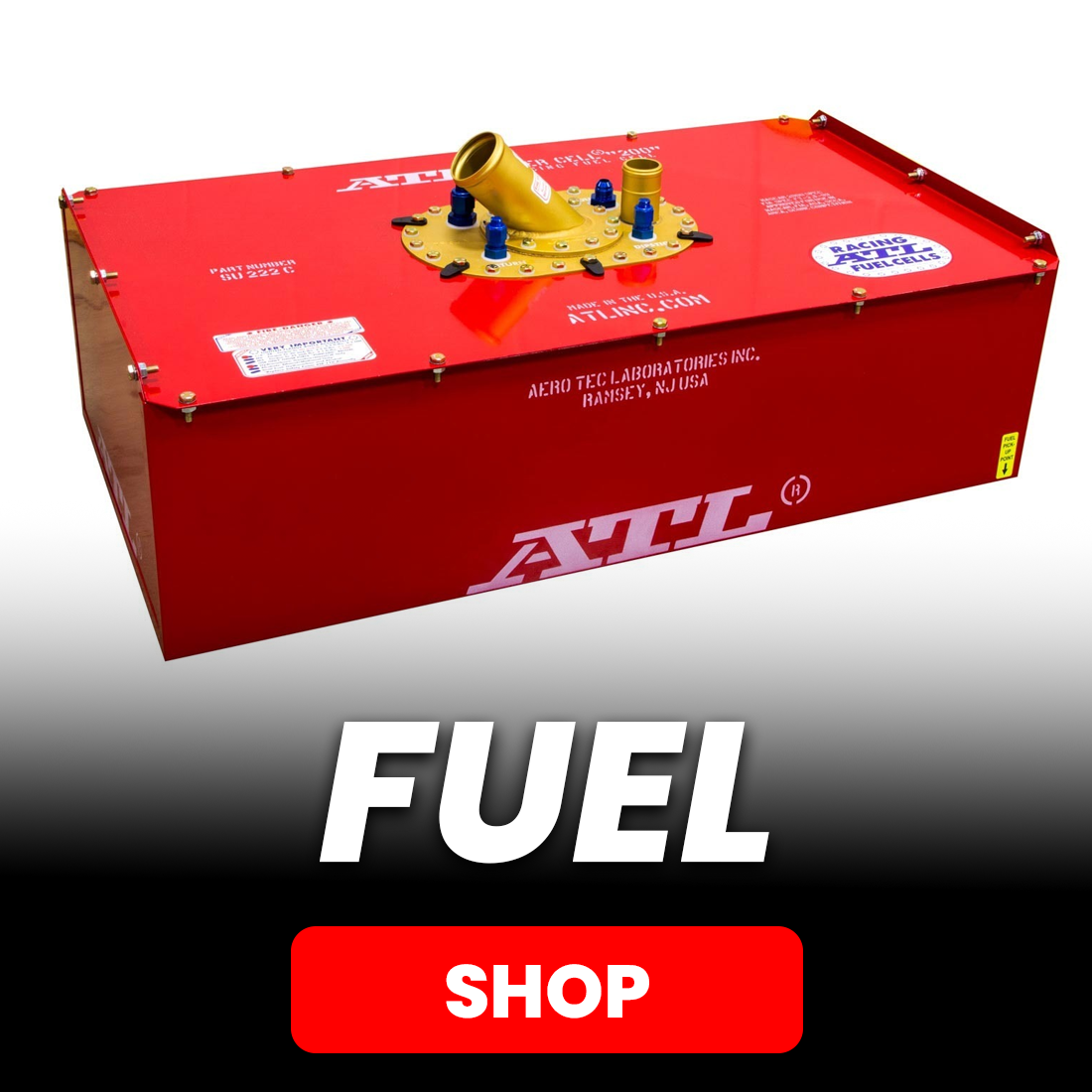 Red ATL racing fuel cell with gold filler neck, displayed above bold “FUEL” and red “SHOP” button