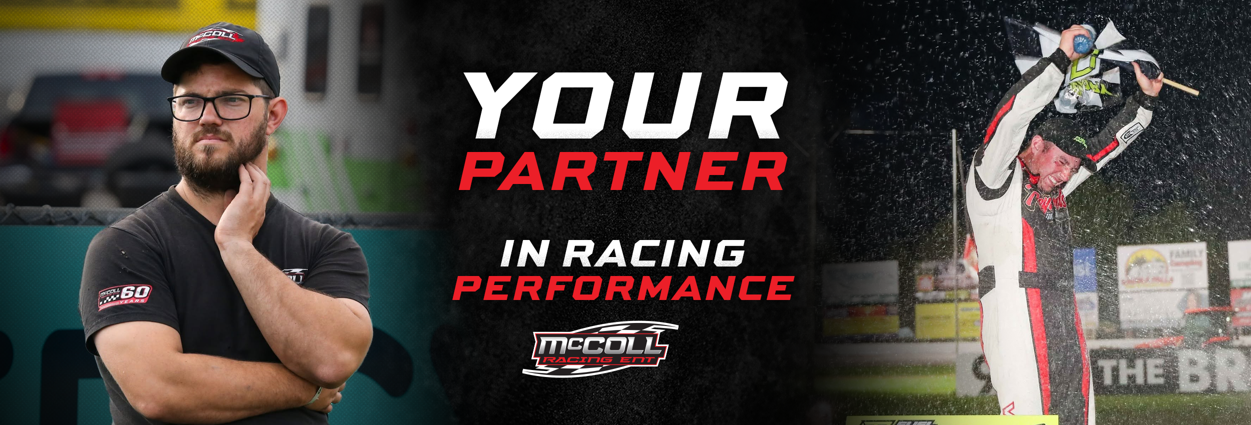 McColl Racing Enterprises banner featuring a man in a black cap and shirt, a celebrating race driver spraying champagne, and the text “Your Partner in Racing Performance.”