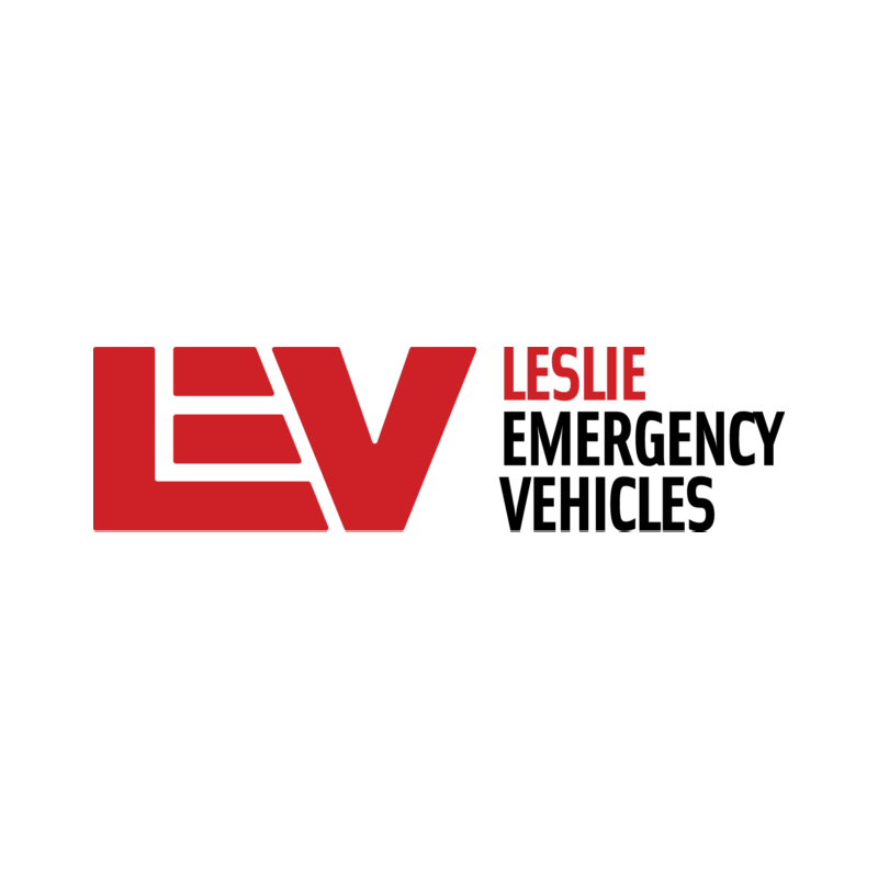 Leslie Emergency Vehicles logo with red EV symbol and black text