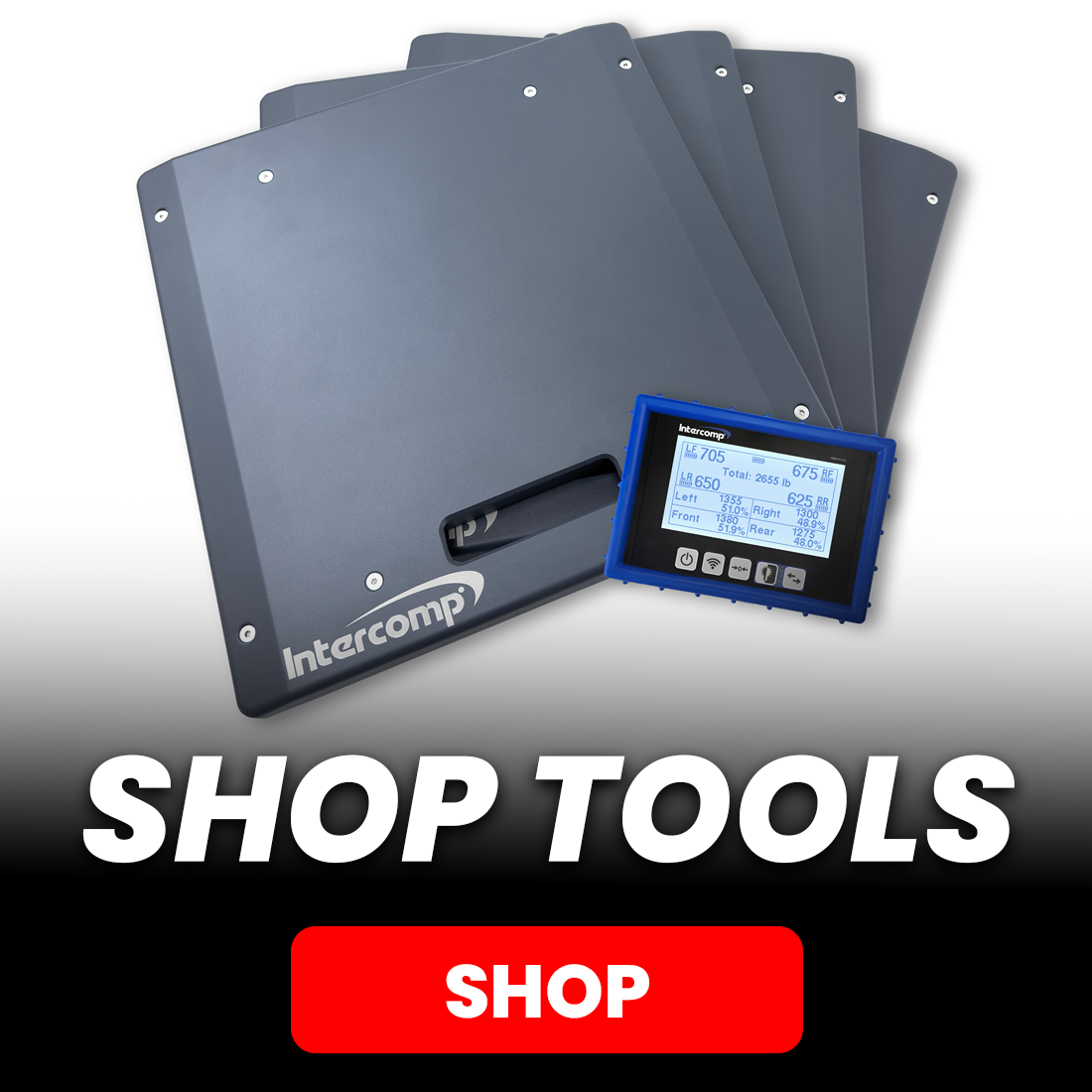 Intercomp vehicle wheel scales with digital weight display and Shop Tools call-to-action