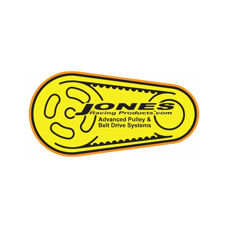 JONES Racing Products logo featuring a yellow racing pulley and belt drive system graphic