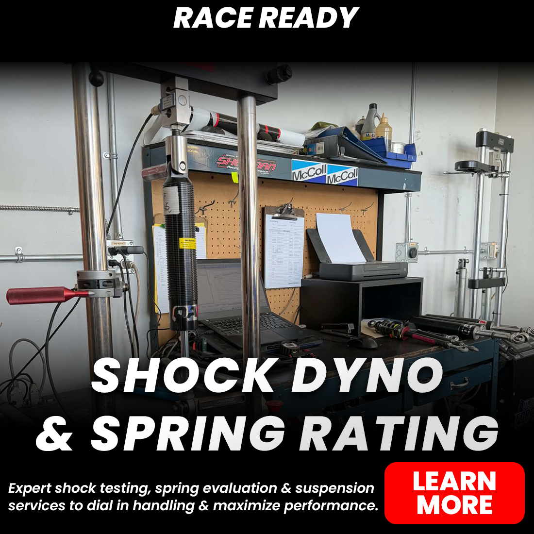 Shock dyno and spring rating equipment in a workshop with text promoting race-ready suspension testing services.