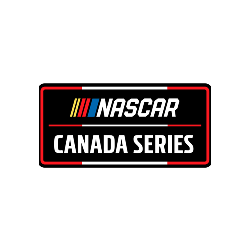 NASCAR Canada Series logo on a black sign with red, white, yellow, and blue accents