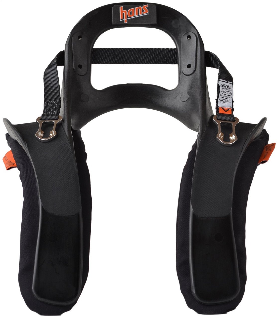 Black Hans racing shoulder harness with padded straps and metal buckles
