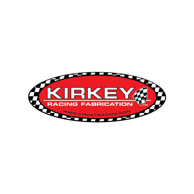 Kirkey Racing Fabrication Inc. logo with a red oval, checkered racing border, and checkered flag graphic