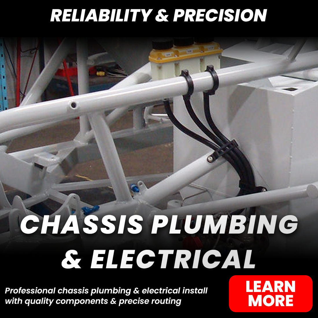 Chassis plumbing and electrical installation with routed hoses and wiring on a precision-engineered vehicle frame