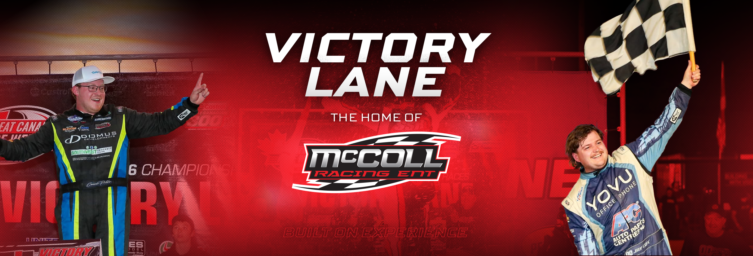 McColl Racing Enterprises Victory Lane banner featuring two race car drivers celebrating with a checkered flag and racing team logo