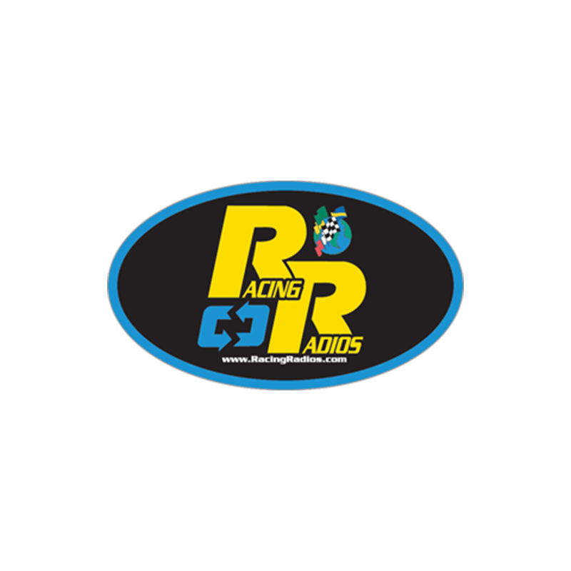 Racing Radios logo in a black oval with blue border and yellow lettering