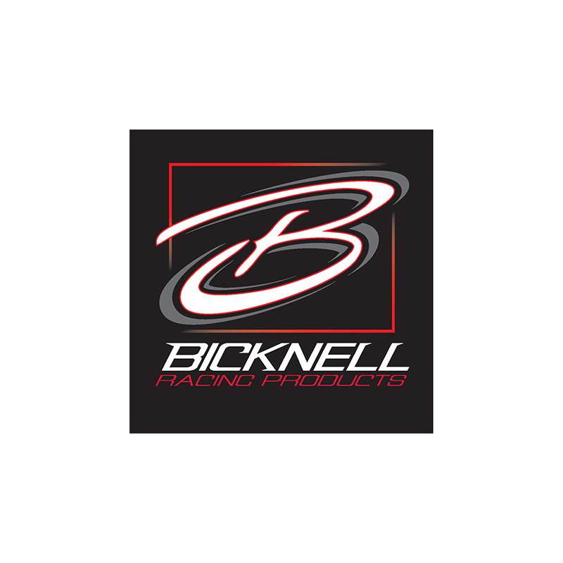 Bicknell Racing Products logo with stylized red, white, and gray racing emblem on a black background