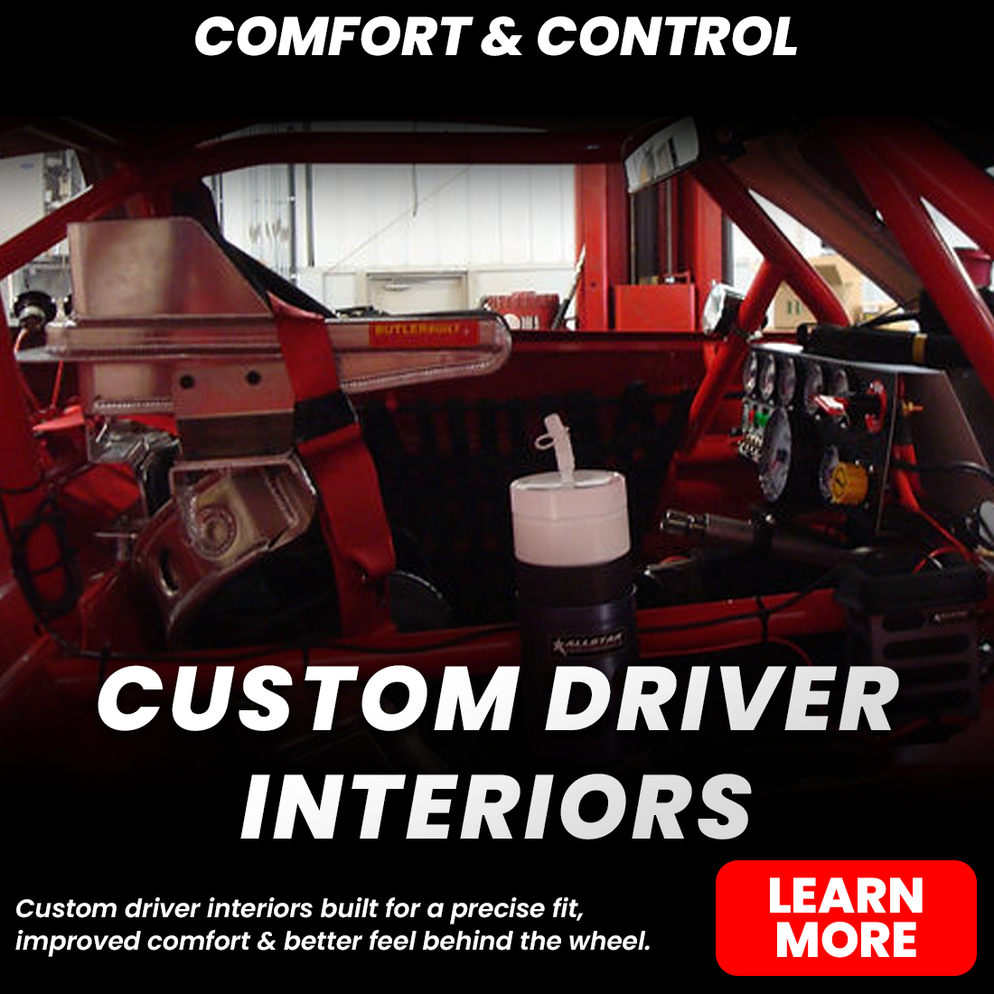 Custom red race car driver interior with roll cage, racing seat, dashboard controls, and gear shifter