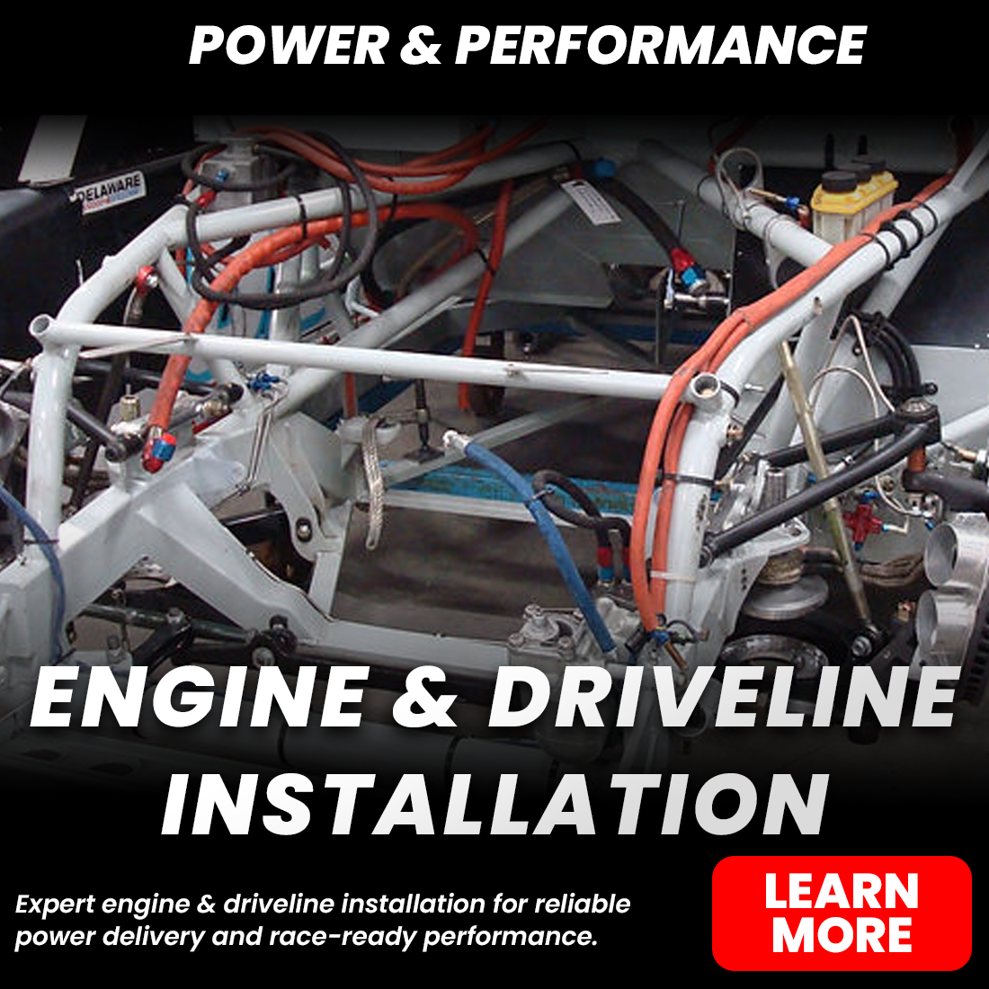 Engine and driveline installation advertisement showing a race car chassis with exposed engine components, hoses, wiring, and suspension, with text promoting power and performance.