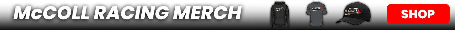 McColl Racing Merch banner featuring racing apparel, a cap, and a red Shop button