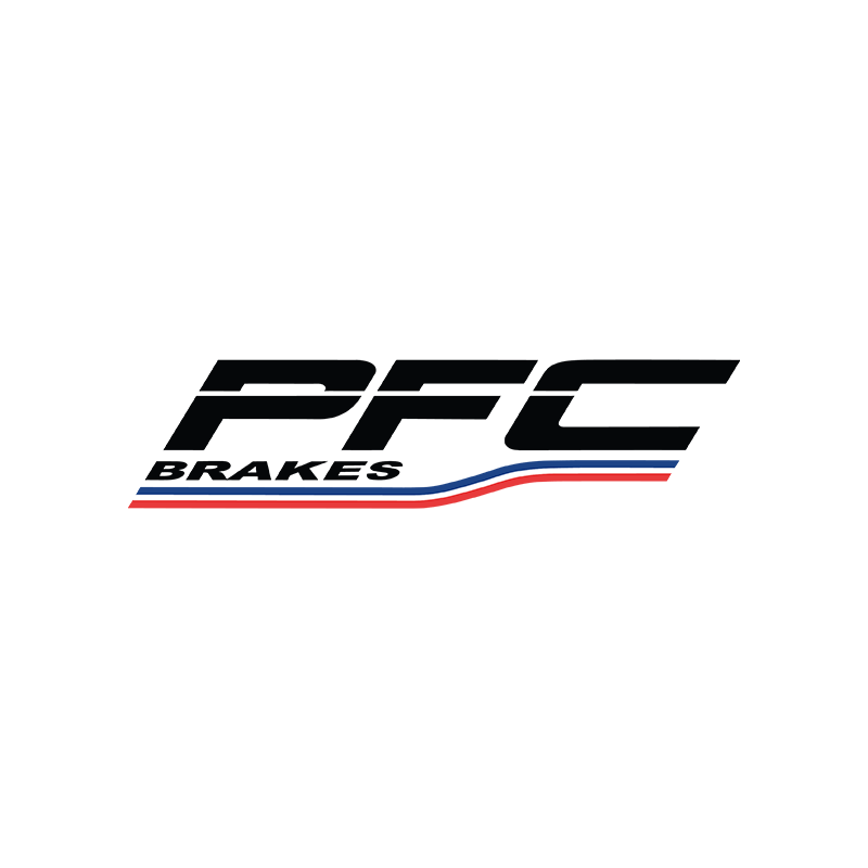 PFC Brakes logo with blue and red racing stripes on a white background