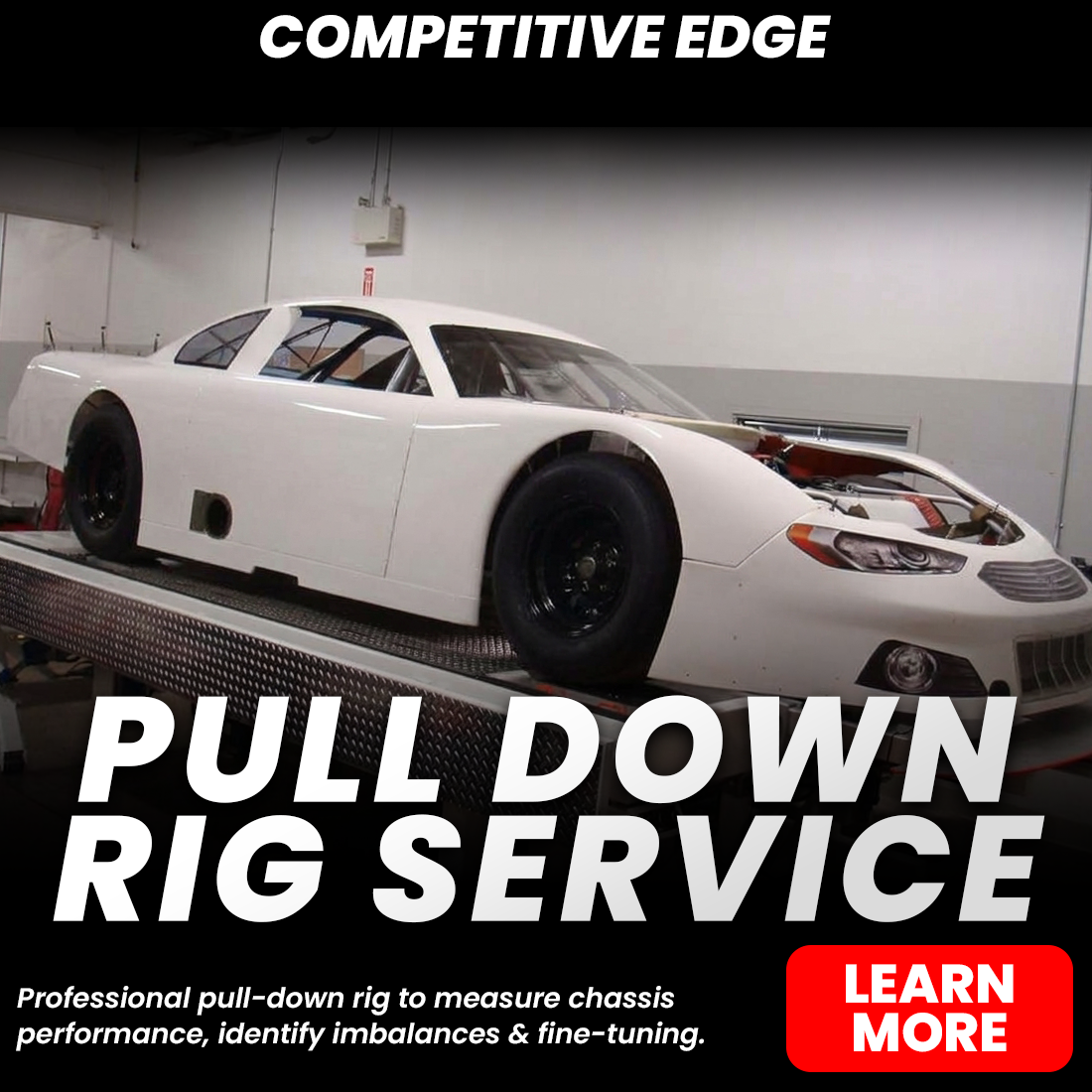 White race car on a chassis dynamometer with text promoting professional pull-down rig service