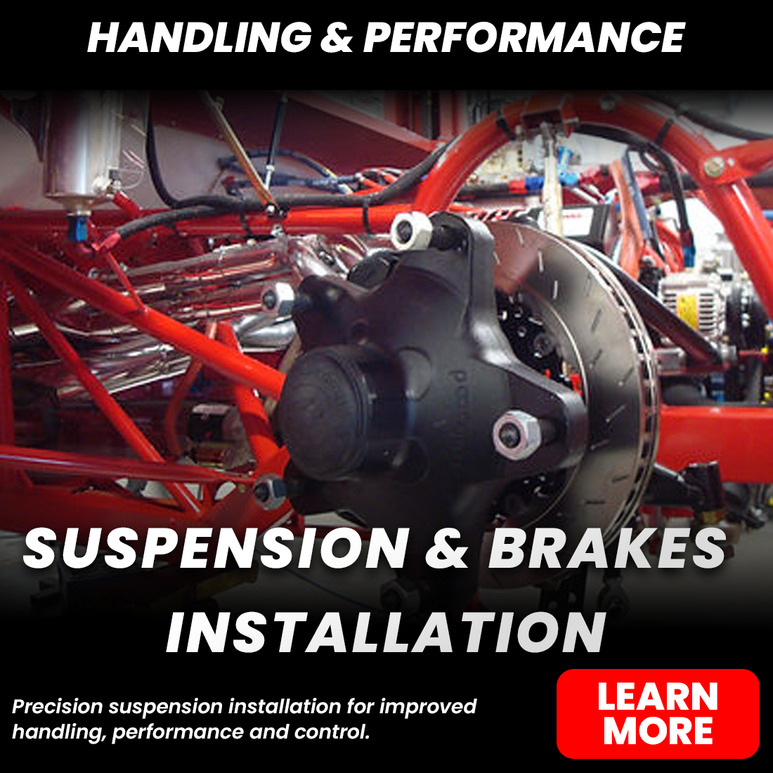 Promotional graphic showing a racing vehicle’s suspension and brake assembly with red tubular chassis, labeled “Handling & Performance” and “Suspension & Brakes Installation.”