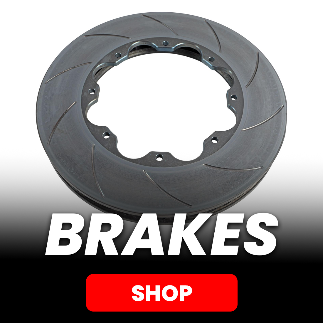 Slotted automotive brake rotor with large “BRAKES” text and red “SHOP” button