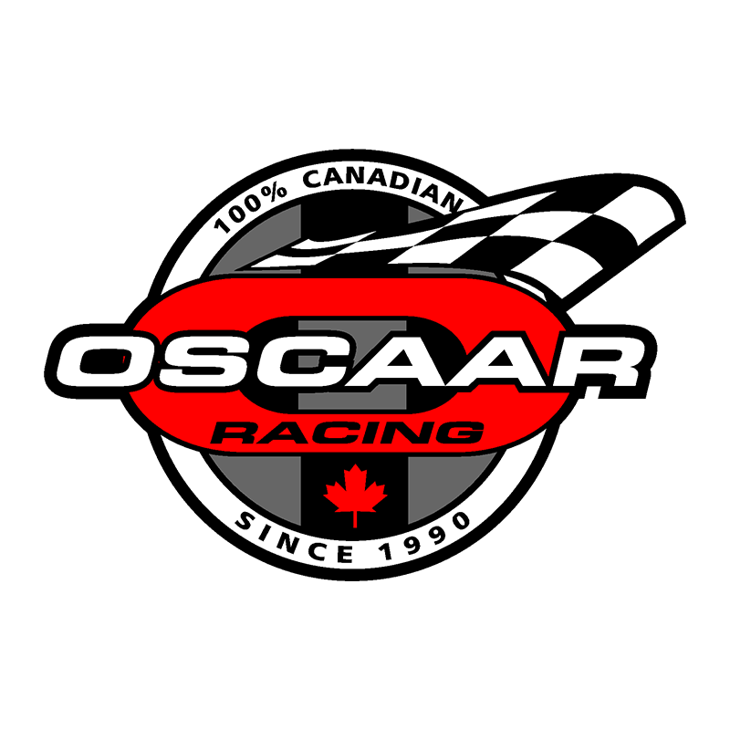 OSCAAR Racing logo featuring a checkered racing flag, Canadian maple leaf, and text stating 100% Canadian and Since 1990