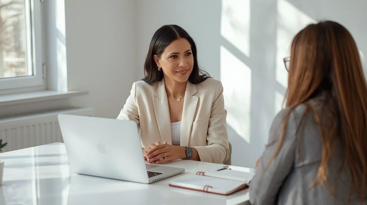Professional woman meeting with a client at a desk, with a laptop and notebook in a bright office