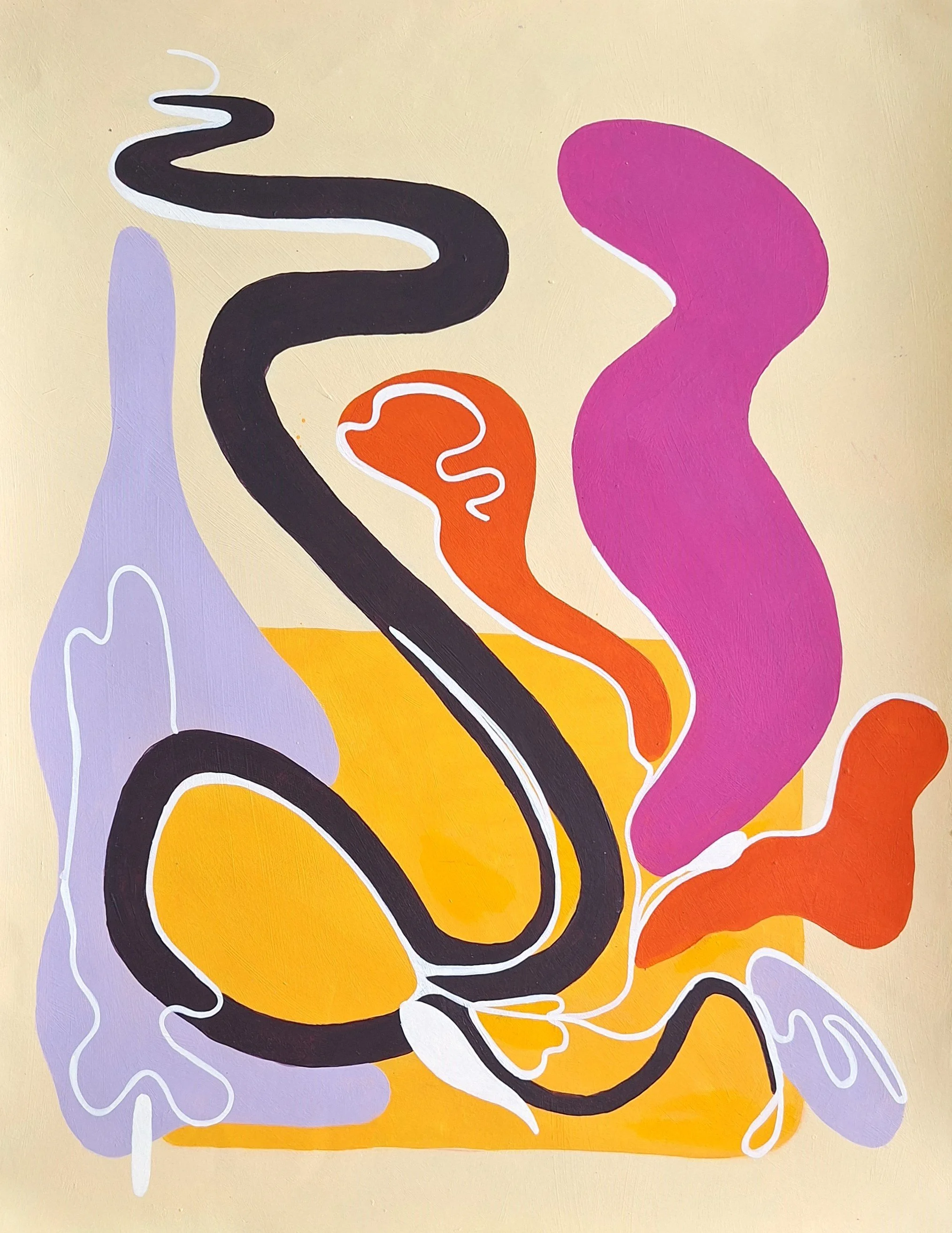 Peinture abstraite colorée aux formes organiques violettes, roses, orange, jaunes et noires sur fond beige.
